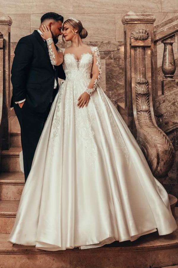 Gorgeous Long Sleeves A-line Wedding Dress Satin Lace Ball Gown with Appliques-newarrivaldress