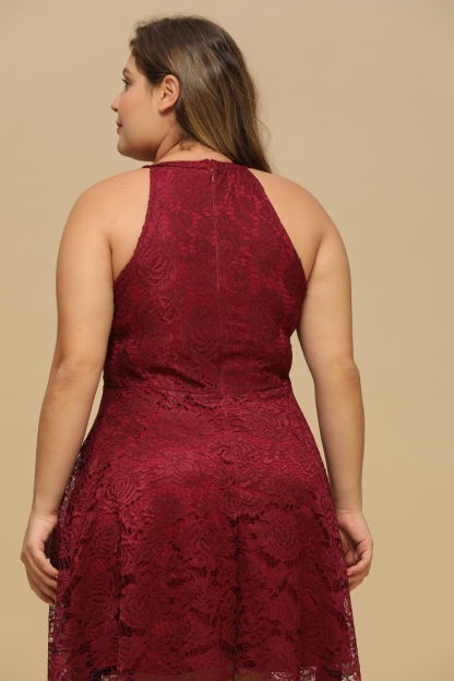 Halter Sleeveless Sheath Asymmetrical Burgundy Lace Dresses-newarrivaldress