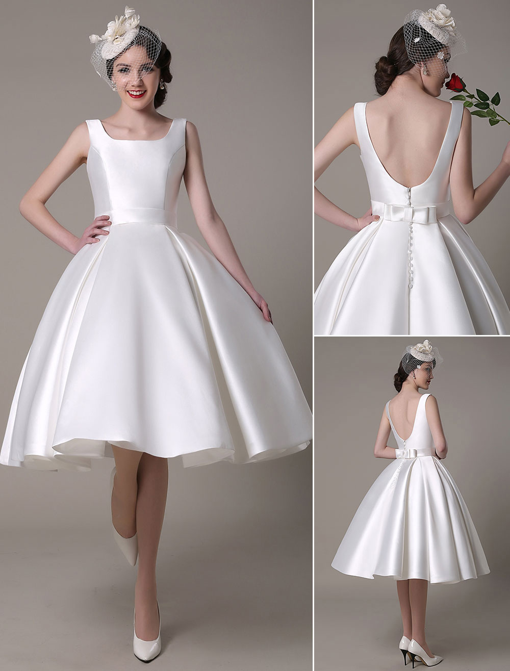 Ivory Wedding Dress Scoop Backless Knee Length Satin Wedding Gown Exclusive-newarrivaldress