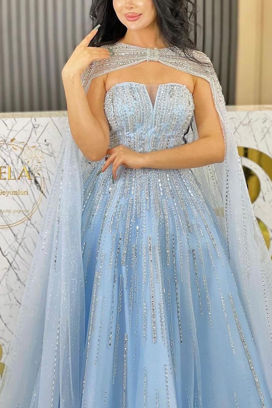 Strapless Sky Blue Tulle Aline Evening Dress Beadings with Cape-newarrivaldress