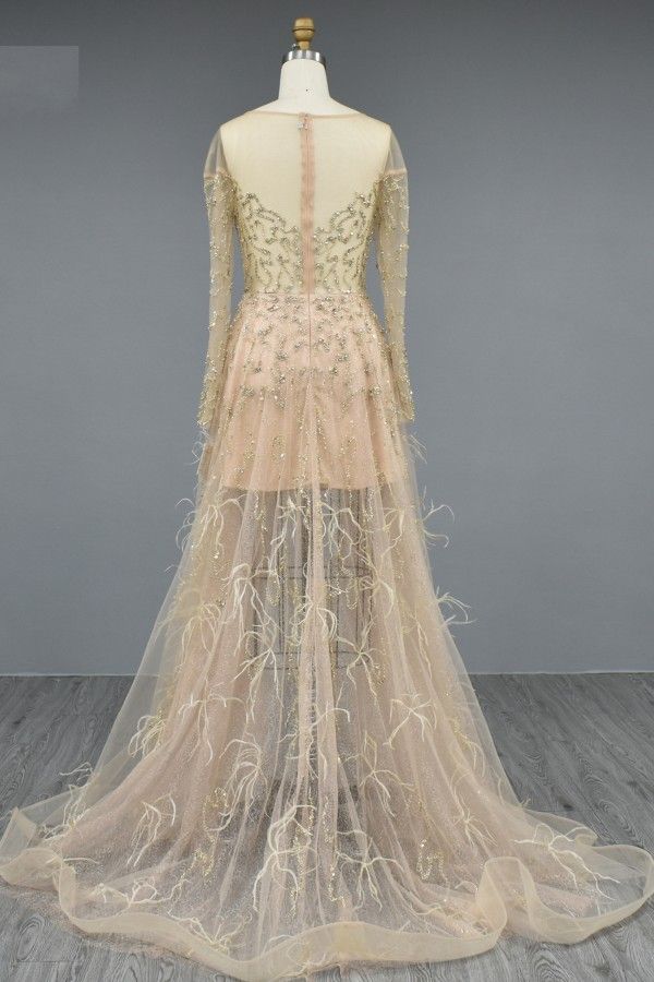 Gorgeous Long Sleeves Crystals Jewel Tulle Hi-Lo Evening Dress with Fur-newarrivaldress