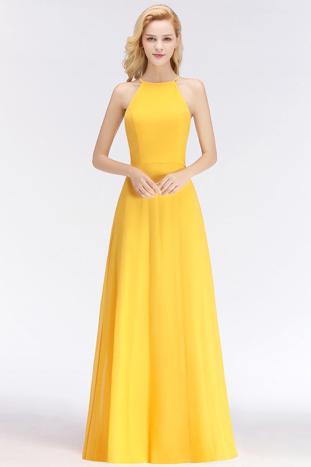 Sleeveless Fashion Chiffon Sheath Yellow Long Bridesmaids Dresses-newarrivaldress