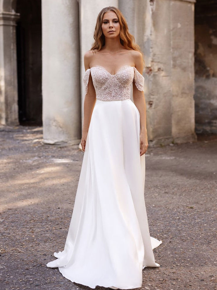 White Simple Wedding Dress Satin Fabric Strapless Sleeveless Cut Out A-Line Off The Shoulder Long Bridal Dresses-newarrivaldress