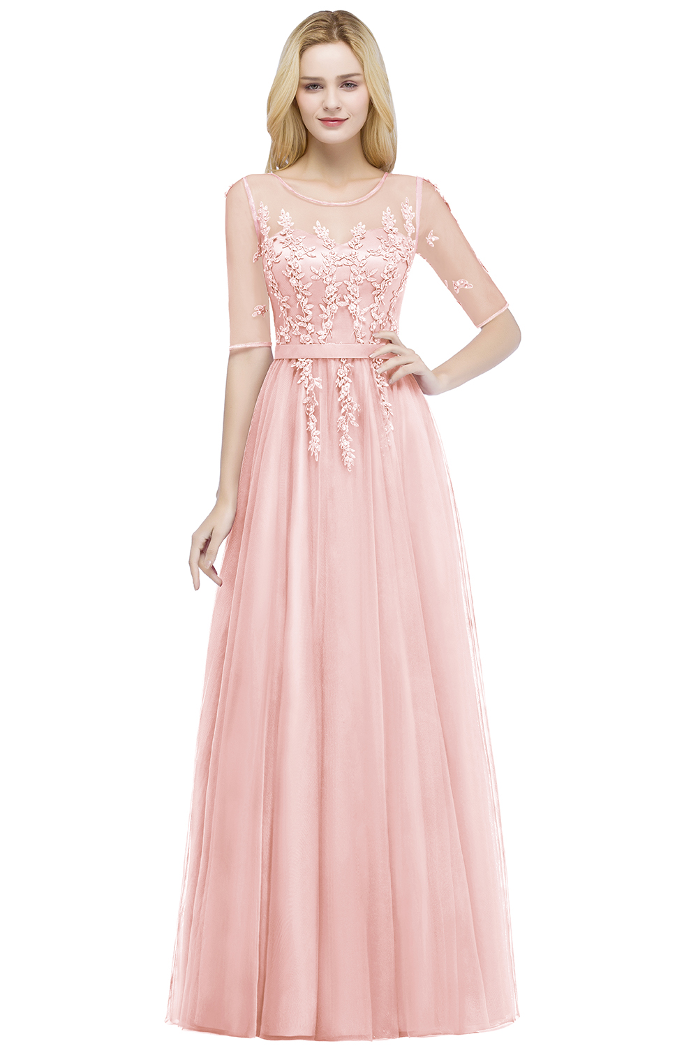 QUEENIE | A-line Floor Length Appliques Tulle Bridesmaid Dresses with Sleeves-newarrivaldress
