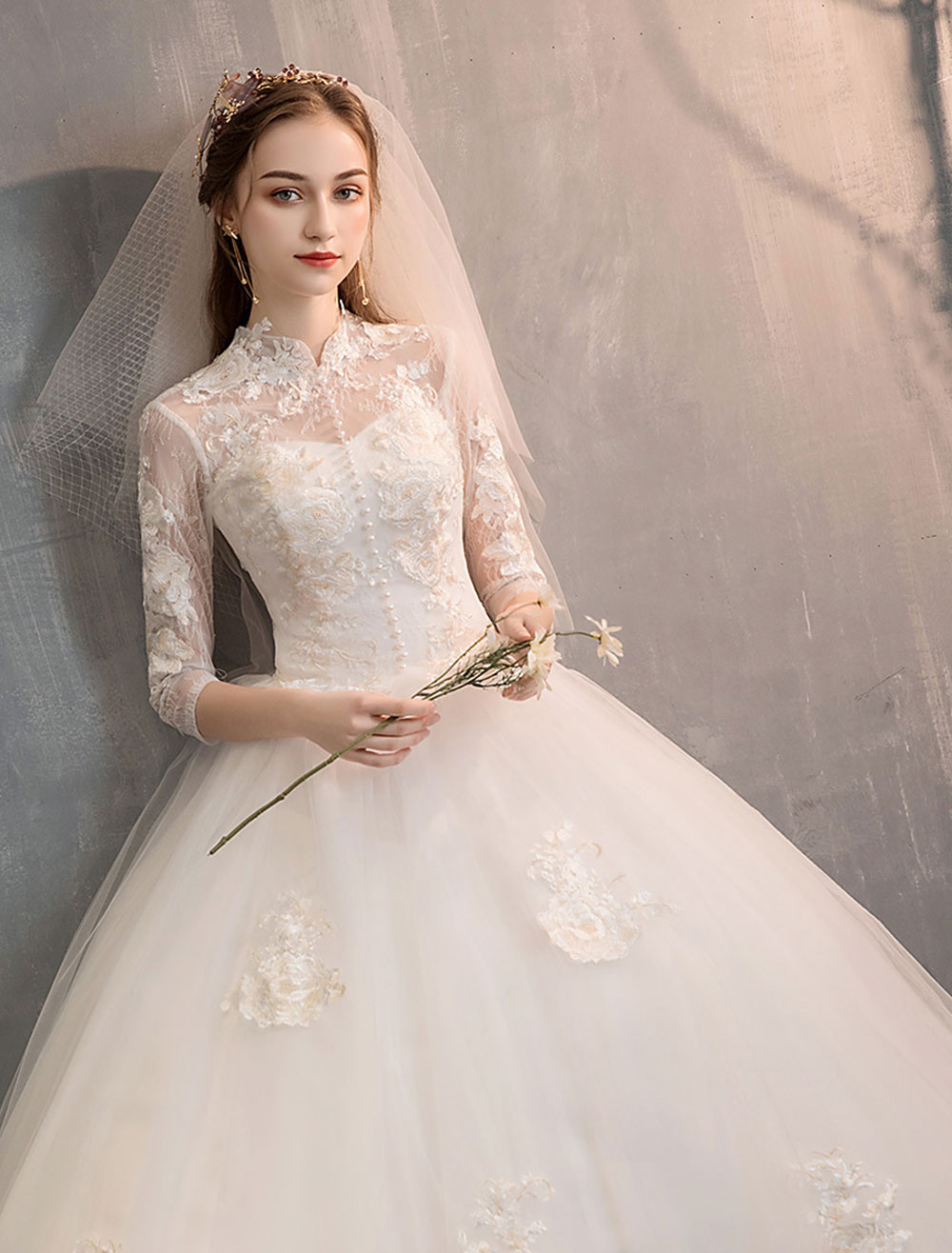 Tulle Wedding Dresses Ivory Illusion Neckline Half Sleeve Floor Length Princess Bridal Dress-newarrivaldress