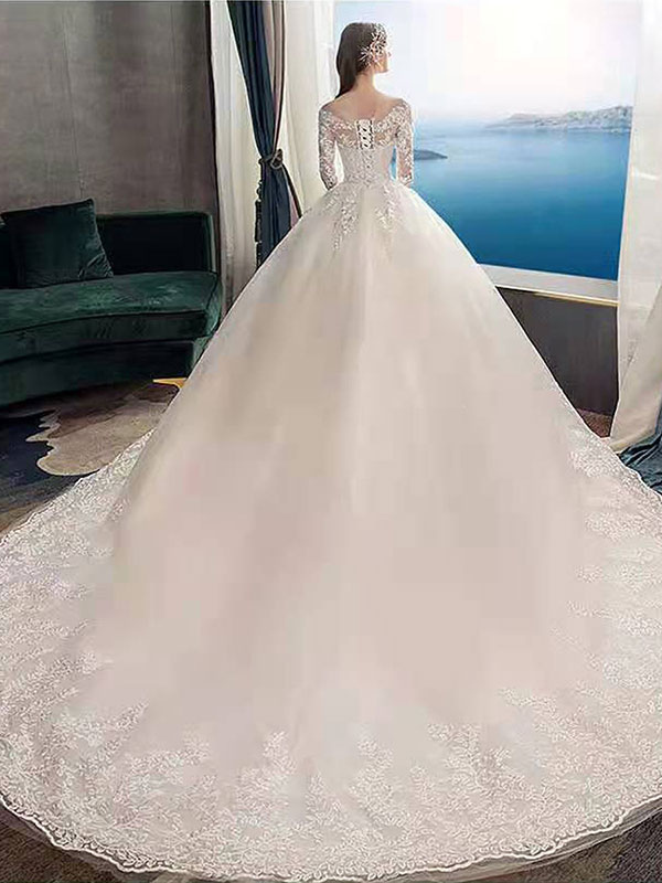 New Vintage Wedding Dresses Eric White Jewel Neck Long Sleeves Natural Waist Satin Fabric Cathedral Train Applique Traditional Dresses For Bride-newarrivaldress
