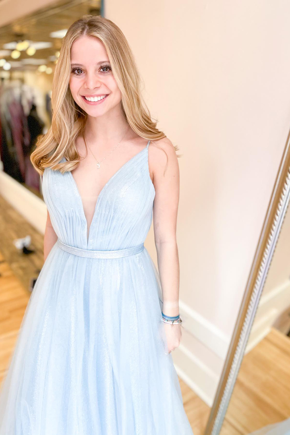 Sky Blue Deep V-Neck Aline Formal Dress Sleeveless Evening Dress-newarrivaldress