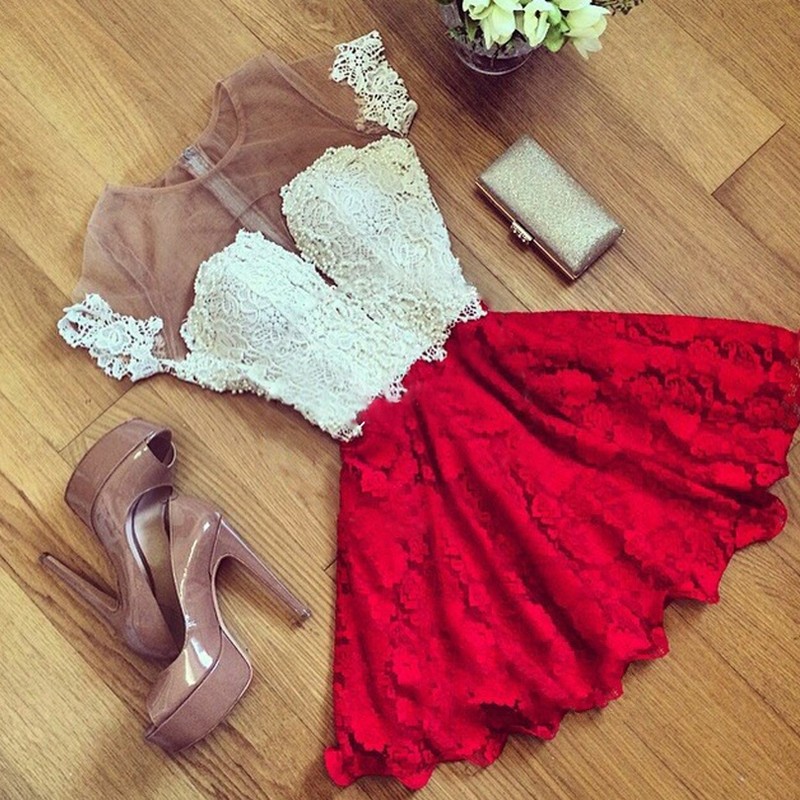 Short Sleeve Illusion Cute Lace Sexy Short Homecoming Dresses BA7001-newarrivaldress