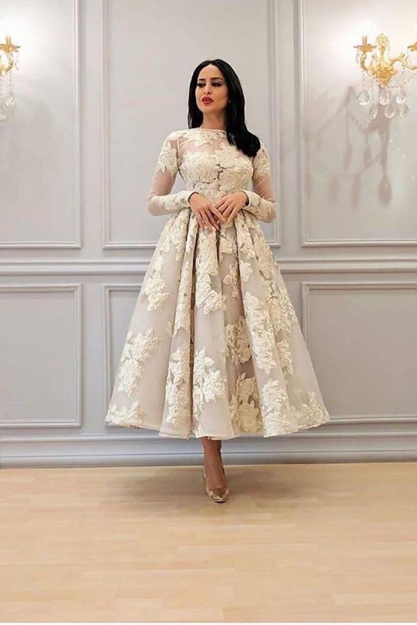 Elegant Long Sleeves Tea Length Wedding Dress Floral Lace Bridal Dress-newarrivaldress