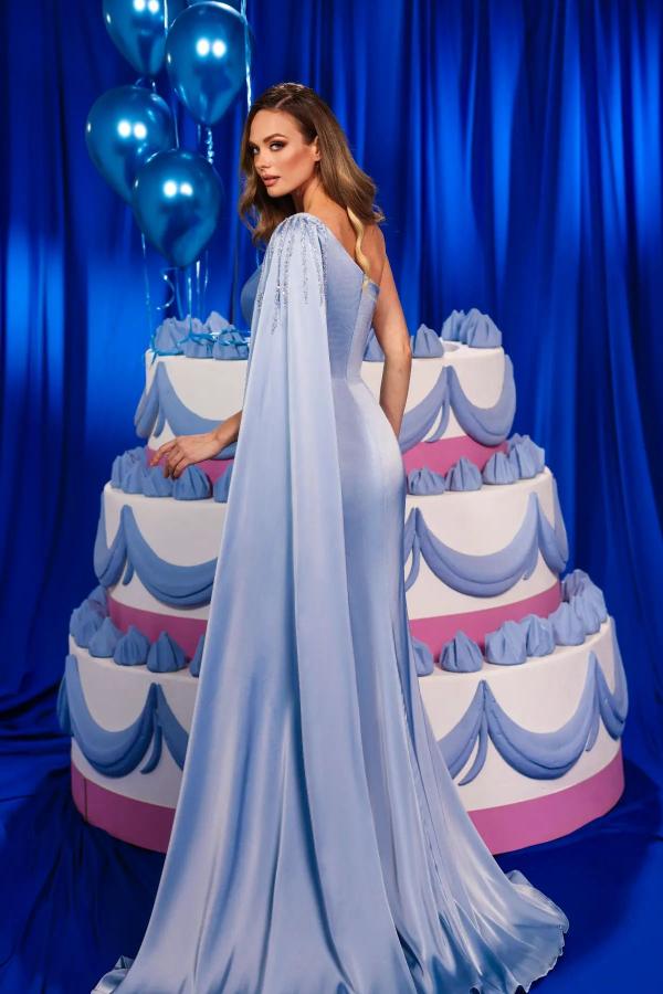 Stylish One Shoulder Ruffle Satin Long Evening Dress with Cape Dusty Blue Side Slit Special Occasion Dresses-newarrivaldress