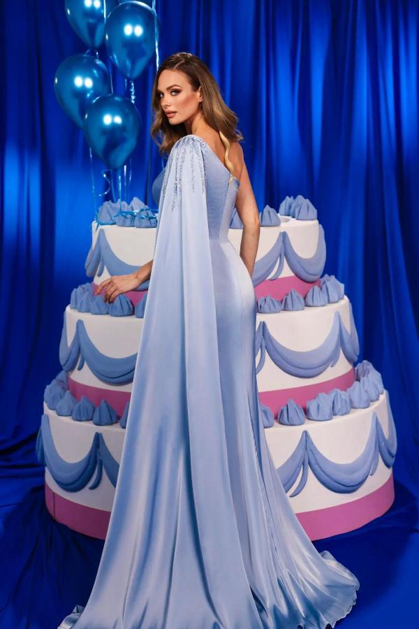 Stylish One Shoulder Ruffle Satin Long Evening Dress with Cape Dusty Blue Side Slit Special Occasion Dresses-newarrivaldress