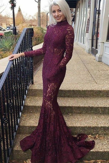 Gorgeous Mermaid Lace High Neck Long Sleeves Prom Dresses-newarrivaldress