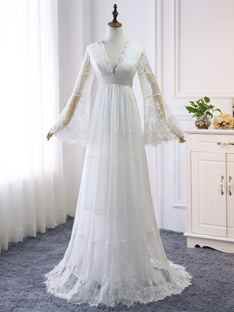 Boho Wedding Dresses 2021 A Line Deep V Neck Multilayer Lace Chiffon Beach Party Dress Bridal Gowns-newarrivaldress