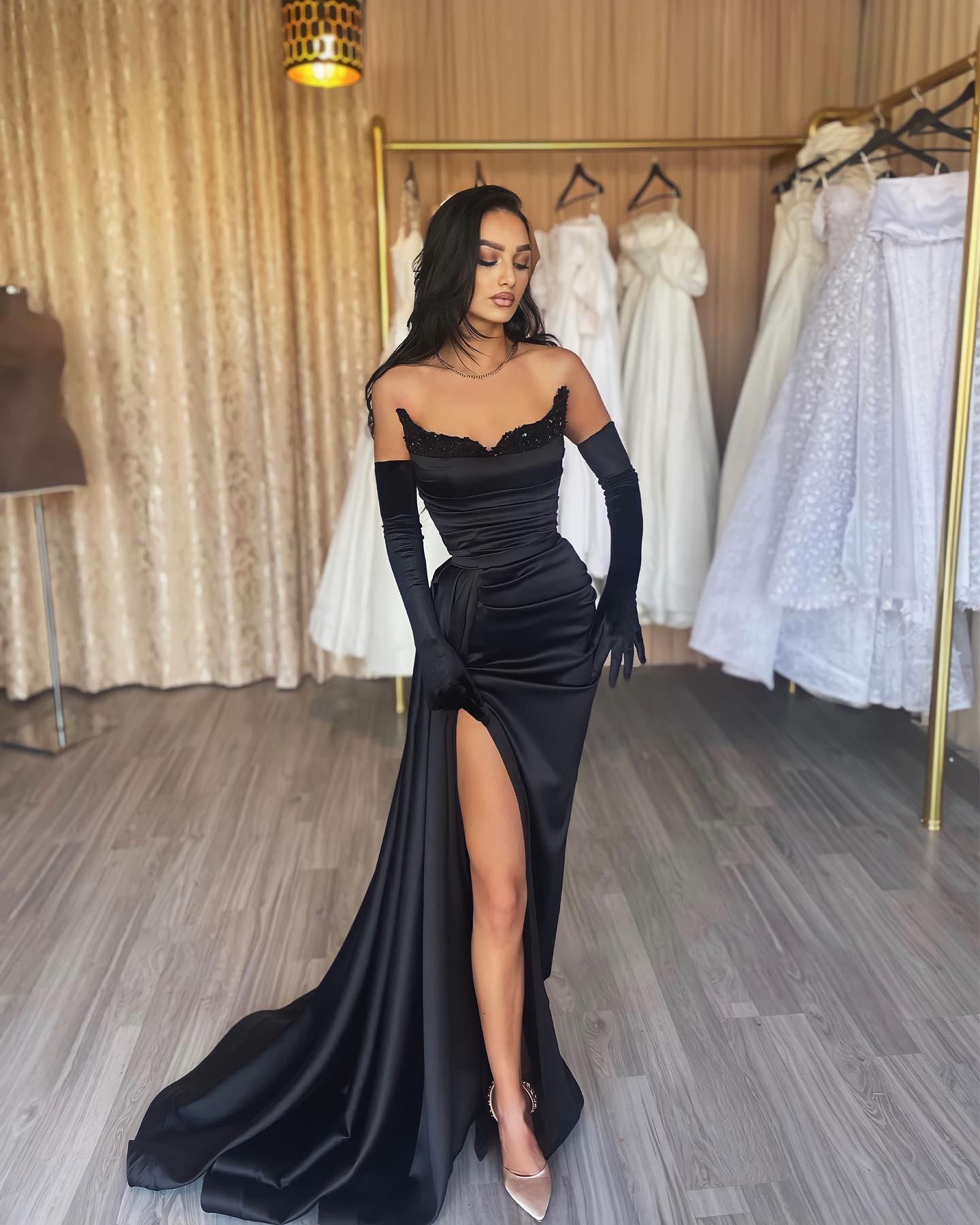 Sleeveless Black Ruched Satin Evening Dress Side Split with Train-newarrivaldress