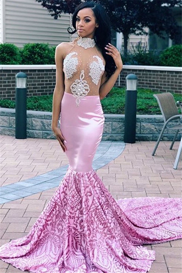 Sexy Pink Mermaid High Neck Sleeveless Sheer Tulle Applique Prom Dresses-newarrivaldress