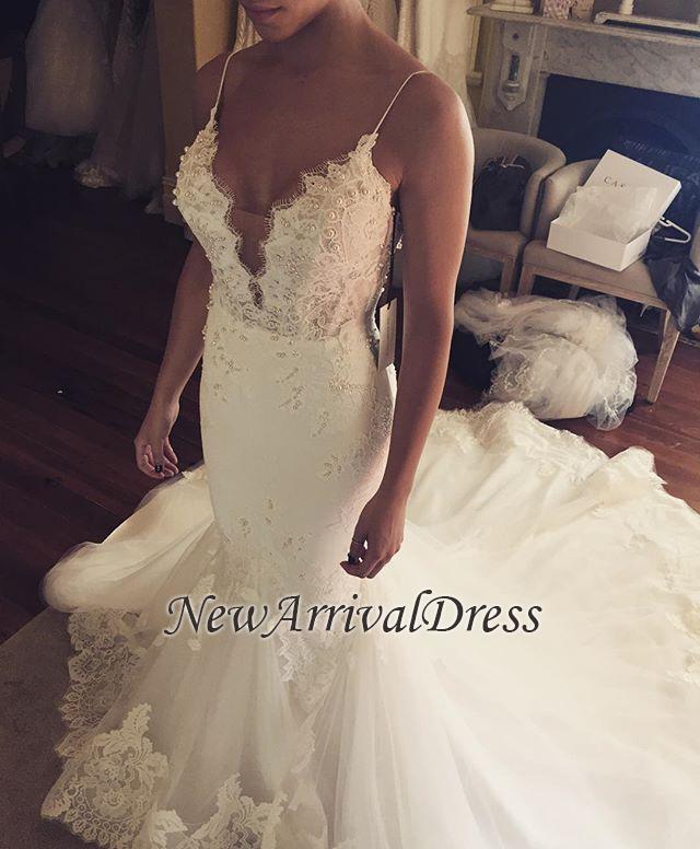 Tulle Sexy Spaghetti Straps Mermaid Elegant Lace Appliques Wedding Dress BA5042-newarrivaldress