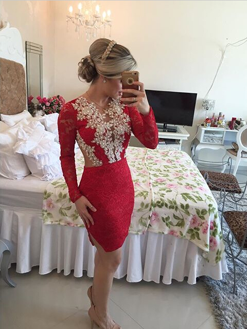 Sexy Long Sleeve Red Cocktail Dress Lace beadings Short Prom Gowns-newarrivaldress