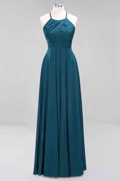 Halter Pleated Bridesmaid Dress Chiffon Sleeveless Floor Length Wedding Guest Dress-newarrivaldress
