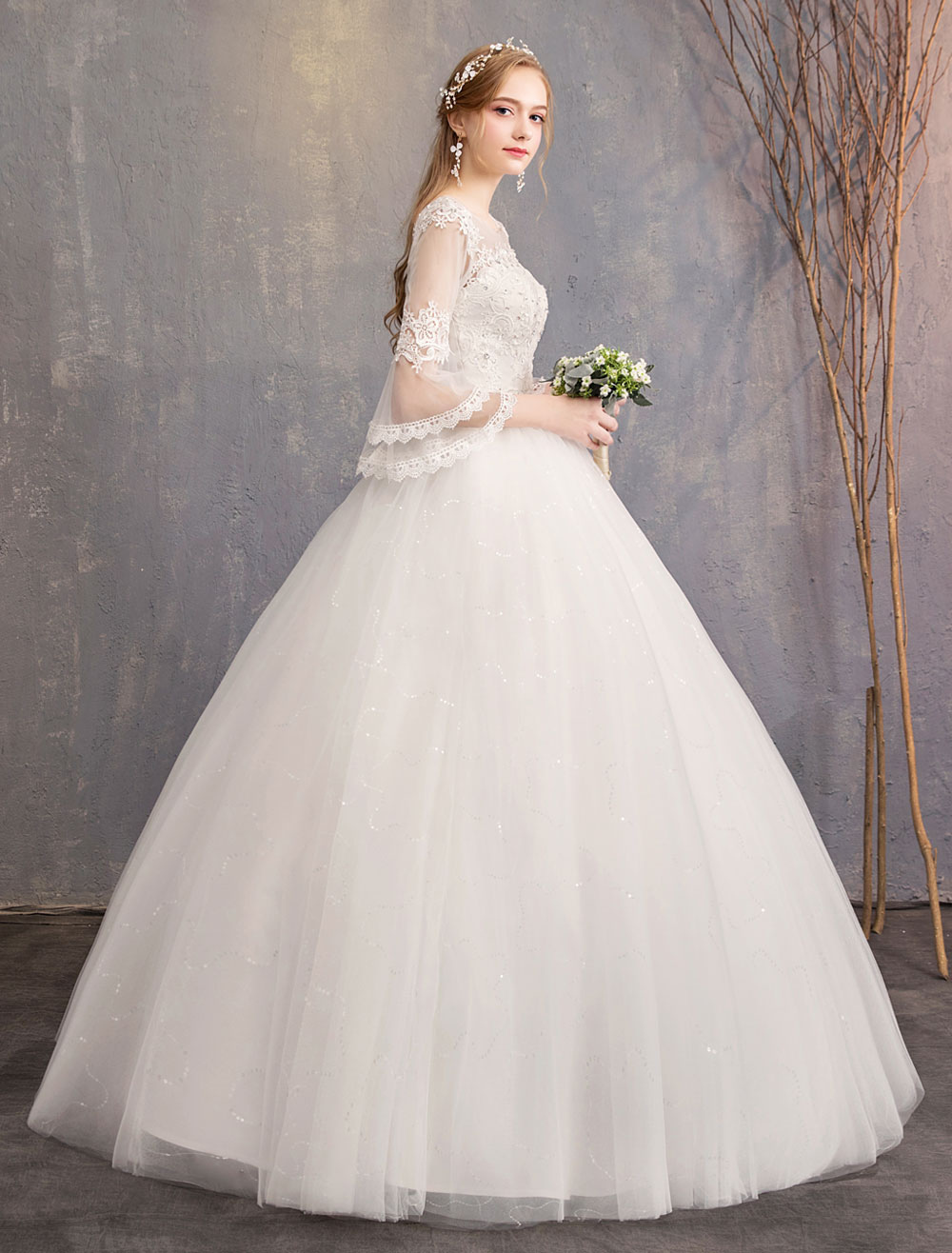 Ball Gown Wedding Dresses Tulle Jewel 3/4 Length Sleeve Floor Length Princess Bridal Gown-newarrivaldress