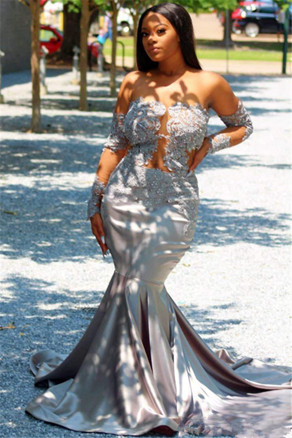 Chic Off The Shoulder Long Sleeves Sexy Mermaid Prom Dresses | New Arrival Sheer Tulle Appliques Evening Gowns-newarrivaldress