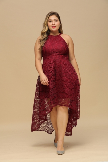 Halter Sleeveless Sheath Asymmetrical Burgundy Lace Dresses-newarrivaldress