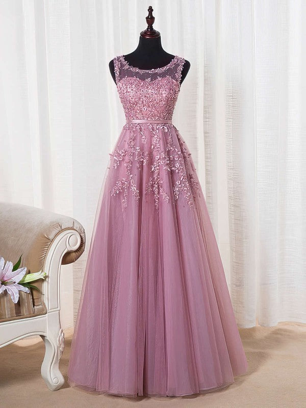 Elegant Crew Tulle A-line Evening Dress with Lace Appliques Floor-Length Formal Dresses-newarrivaldress