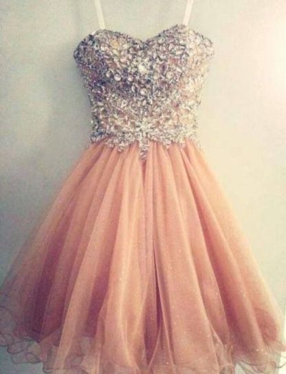 Crystals Short Mini Homecoming Dresses Sweetheart Spaghettis Tulle Coral Luxury Graduation Cocktail Dresses-newarrivaldress