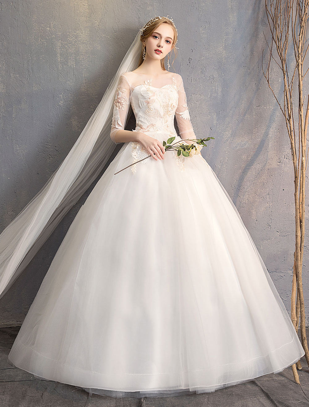 Ball-Gown-Princess-Wedding-Dresses-Ivory-Half-Sleeve-Backless-Applique-Bridal-Dress-newarrivaldress