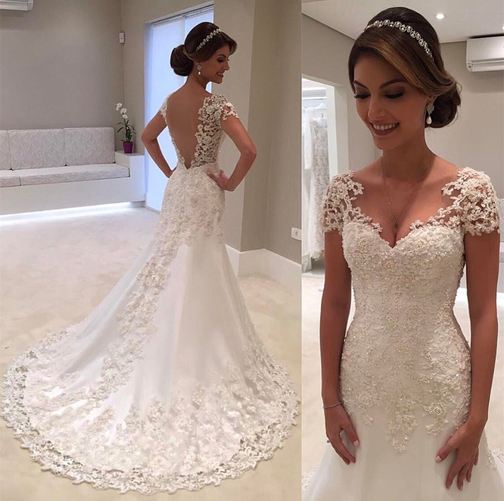 Cap Sleeve Lace Appliques Wedding Dresses | Sheath Elegant Bridal Gowns Online-newarrivaldress