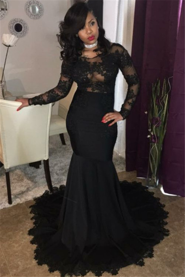 Long Black Lace Tulle Prom Dresses | Mermaid Long Sleeve Formal Gowns FB0277-newarrivaldress
