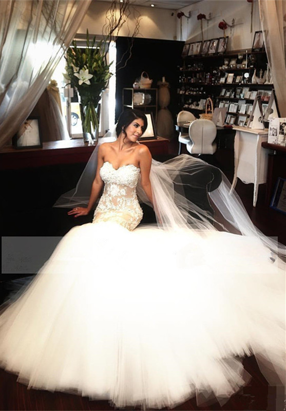 Tulle Sleeveless Elegant New Arrival Mermaid Sweetheart Beautiful Lace Appliques Wedding Dresses-newarrivaldress