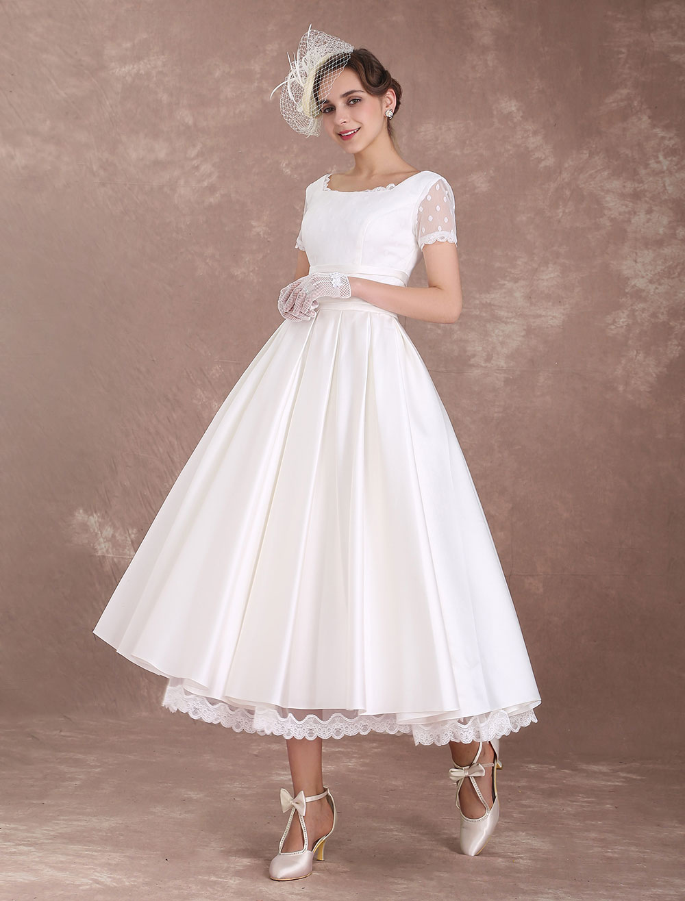 Vintage Wedding Dress Short Sleeve 1950'S Bridal Dress Backless Polka Dot Lace Trim Ivory Wedding Reception Dress Exclusive-newarrivaldress