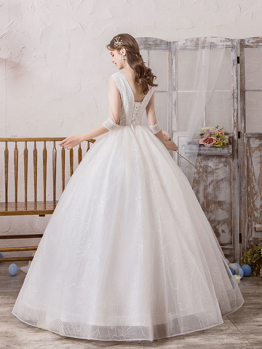 Wedding Dress Princess Silhouette Floor Length V Neck Sleeveless Natural Waist Beaded Lycra Spandex Bridal Gowns-newarrivaldress