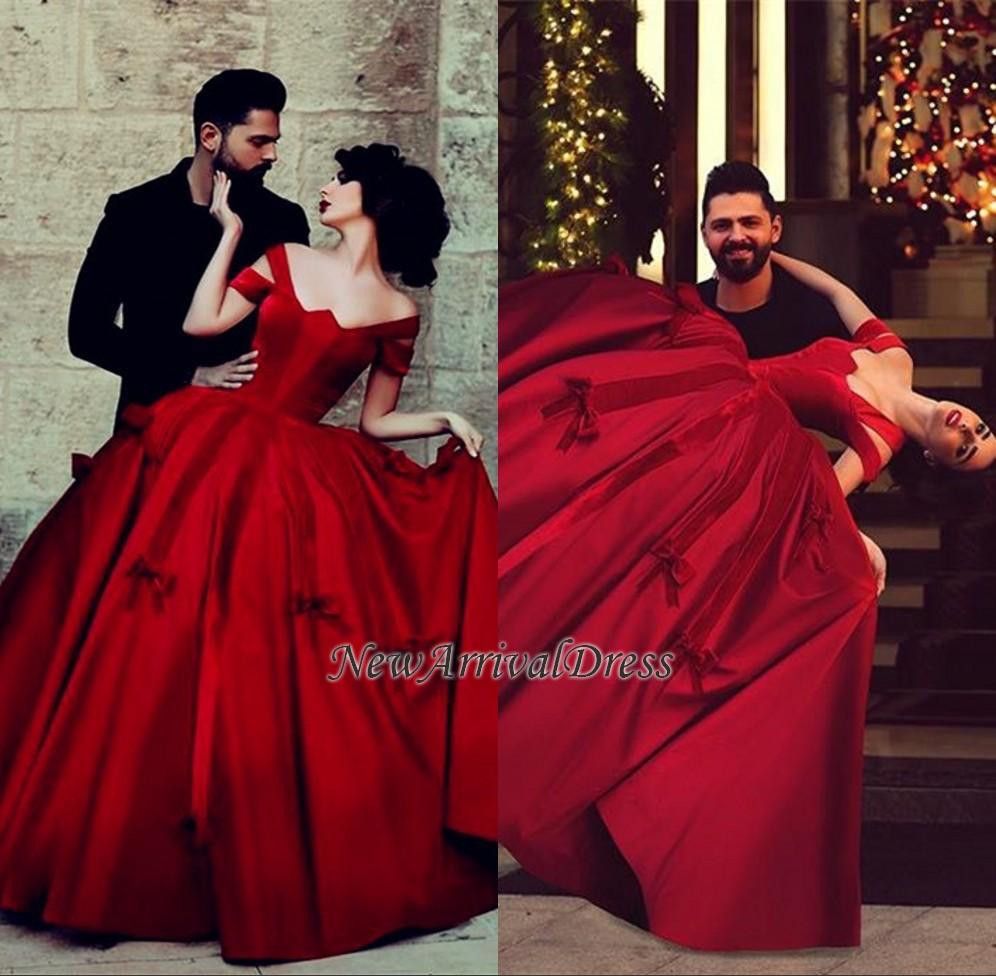 Off-the-Shoulder Red Long Satin Ball-Gown Gorgeous Evening Dresses-newarrivaldress
