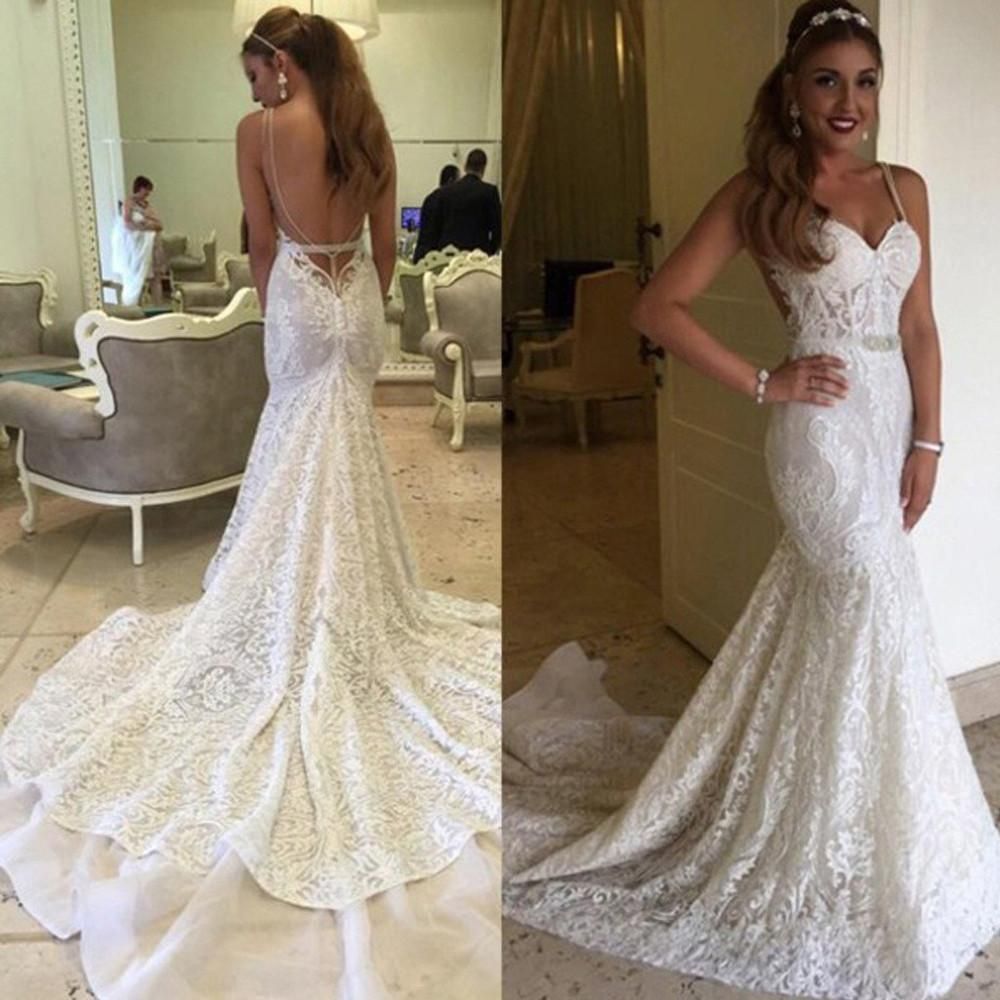 Backless Spaghetti Straps Elegant Mermaid Lace Wedding Dresses Online-newarrivaldress