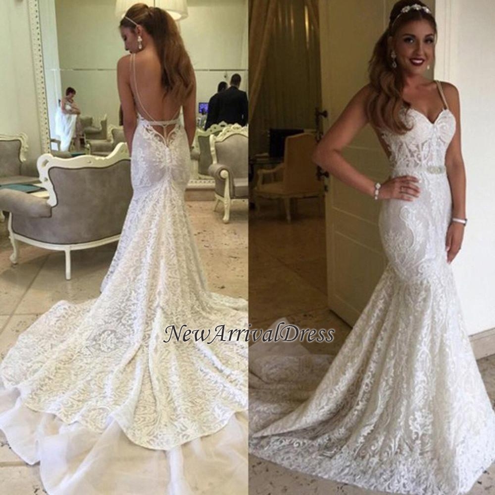Backless Spaghetti Straps Elegant Mermaid Lace Wedding Dresses Online-newarrivaldress