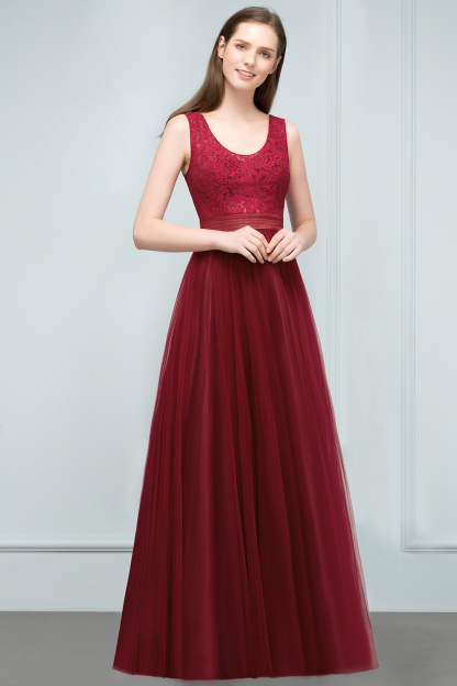 JULIANNA | A-line Scoop Long Sleevless Lace Top Burgundy Tulle Prom Dresses-newarrivaldress