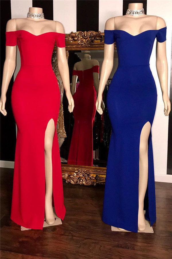 Elegant Simple Off-The-Shoulder Side-Slit Mermaid Prom Dresses-newarrivaldress