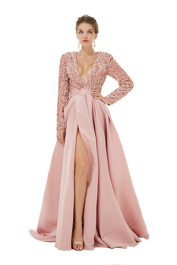 Charming Sparkly Sequins Long Evening Dress Satin Side Split Dress with Long Sleeves-newarrivaldress