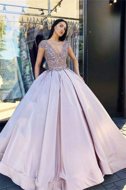 V-neck Sleeveless Crystal Beading Ball-Gown Prom Dresses-newarrivaldress