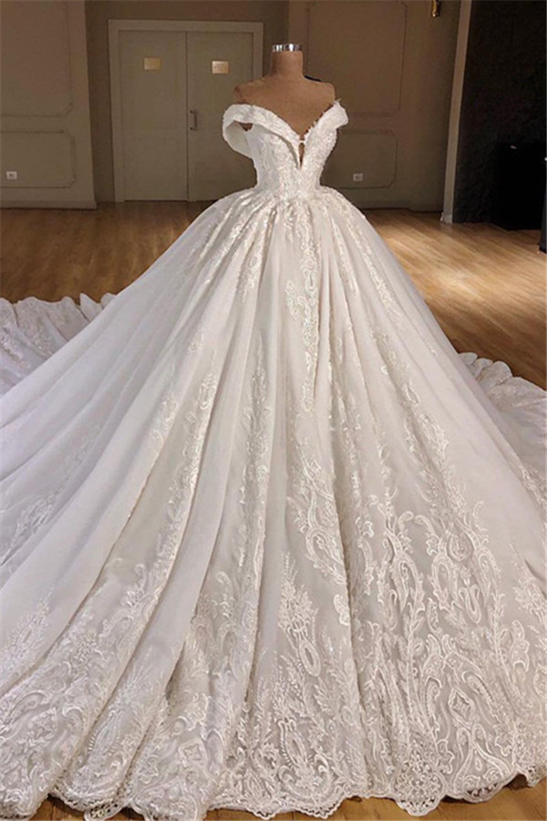 Gorgeous Off Shoulder Ball Gown Wedding Dresses 2021 | Puffy Lace Wedding Dress Online-newarrivaldress