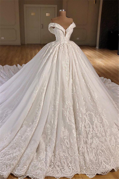 Gorgeous Off Shoulder Ball Gown Wedding Dresses 2021 | Puffy Lace Wedding Dress Online-newarrivaldress