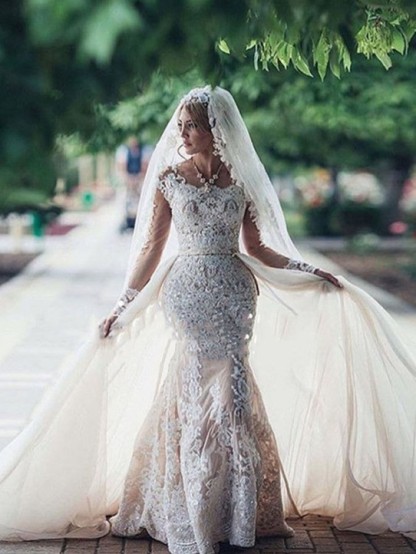 Elegant Mermaid Long Sleeve Lace Wedding Dresses | Elegant Lace Appliques Detachable Skirt Bridal Gowns-newarrivaldress