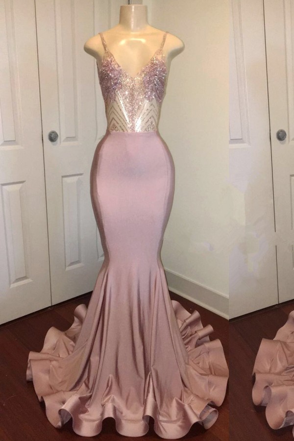 Open Back Spaghetti Straps Beads Long Prom Dresses for Juniors | Mermaid Formal Dresses-newarrivaldress