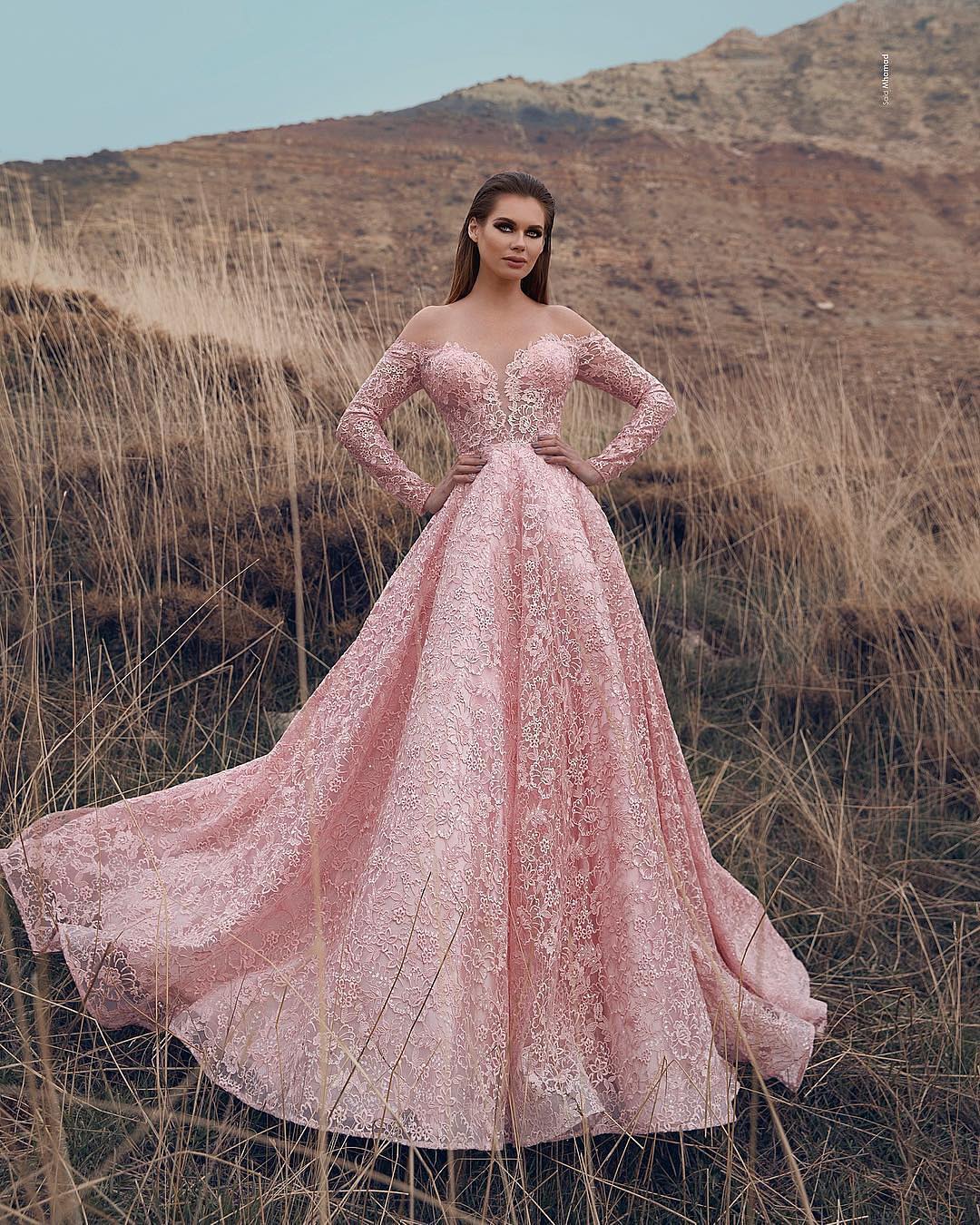 Pink Off-The-Shoulder Long-Sleeves Lace Applique Princess Prom Dresses-newarrivaldress