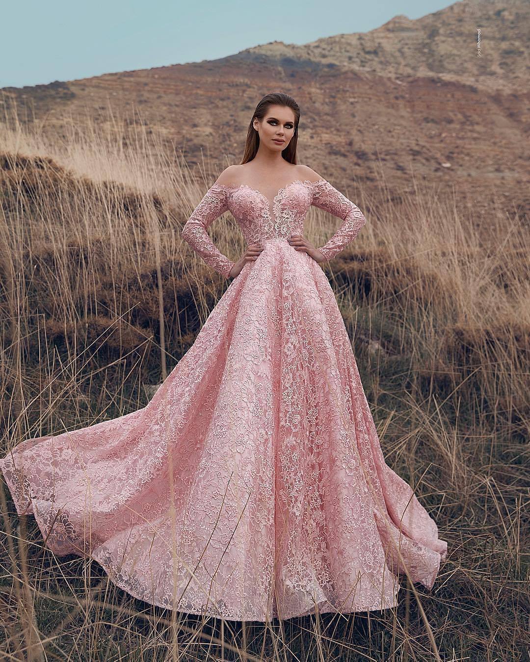 Pink Off-The-Shoulder Long-Sleeves Lace Applique Princess Prom Dresses-newarrivaldress