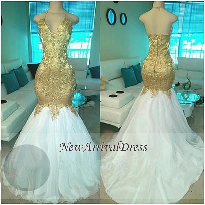 Sexy Open Back Gold Evening Gowns | Beads Apliques Mermaid Long Prom Dresses-newarrivaldress