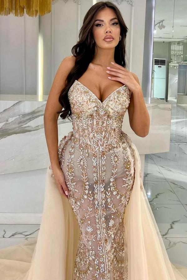 Gorgeous V-Neck Mermaid Prom Dress Glitter Crystals Bodycon Party Dress with Sweep Train-newarrivaldress