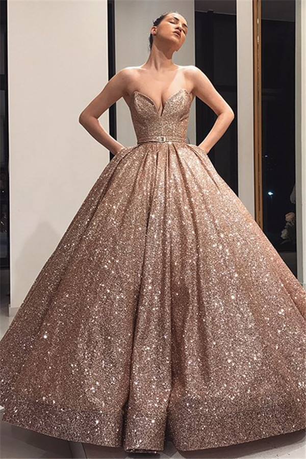 Elegant Strapless Sleeveless Ball Gown Sweep Train Prom Dresses-newarrivaldress