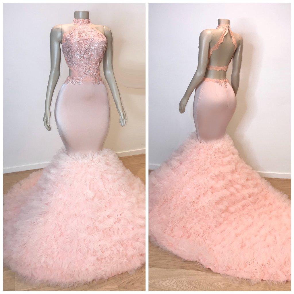 Pink Halter Sleeveless Mermaid Long Prom Dresses | New Arrival Chic Open Back Lace Tulle Evening Gowns-newarrivaldress